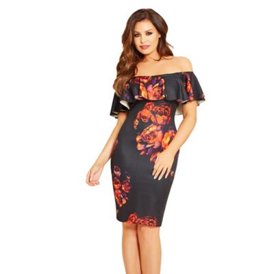Jessica Wright for Sistaglam Black 'Willow' floral off the shoulder frill bodycon dress